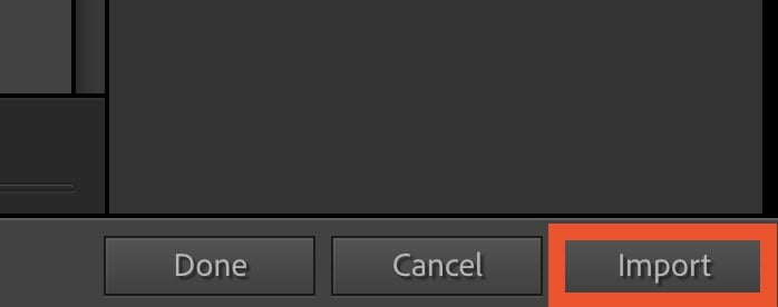 Adobe Lightroom - przycisk import po wyborze pliku